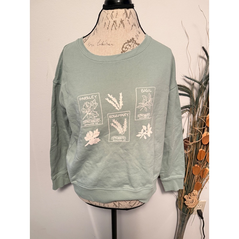 Pact Organic Cotton Herb Seed Packet Graphic‎ Sweatshirt Sage Green Womens L